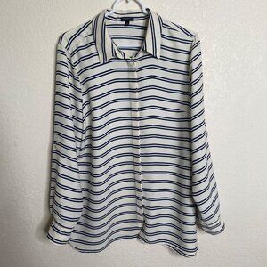 Talbots Petites XLP White & Navy Striped Button-Down Blouse Roll Tab Sleeves Car